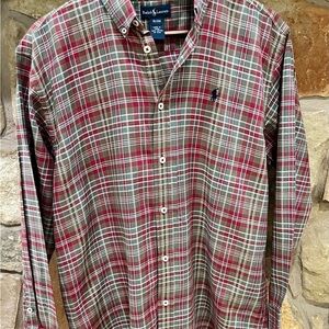 Ralph Lauren Plaid Button Down Shirt Boys XL 20 Pony Logo Burgundy & Army Green